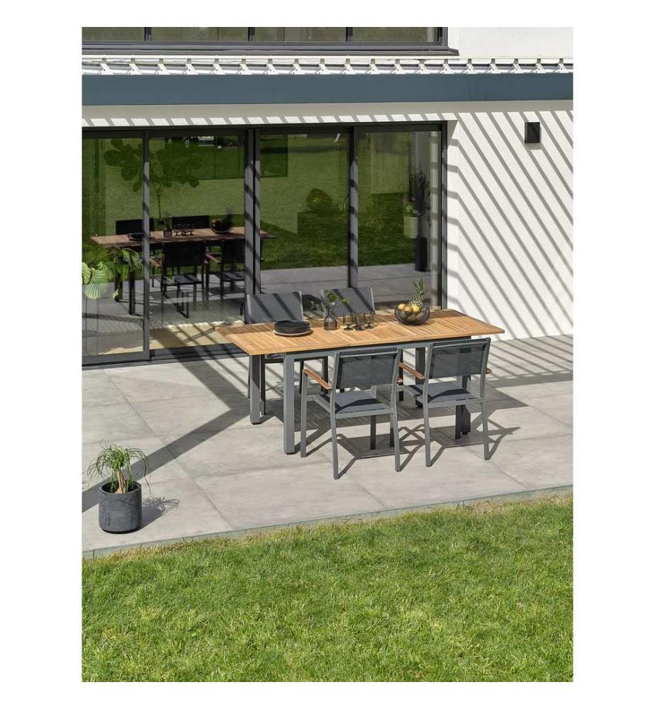 Gartentisch-Set ORSINO (150/200 x 90 cm) mit 4 stapelbaren Stühlen – ANTHRAZITGRAU