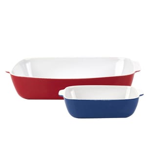 Lot de 2 Plats en Grès - Rouge et Bleu