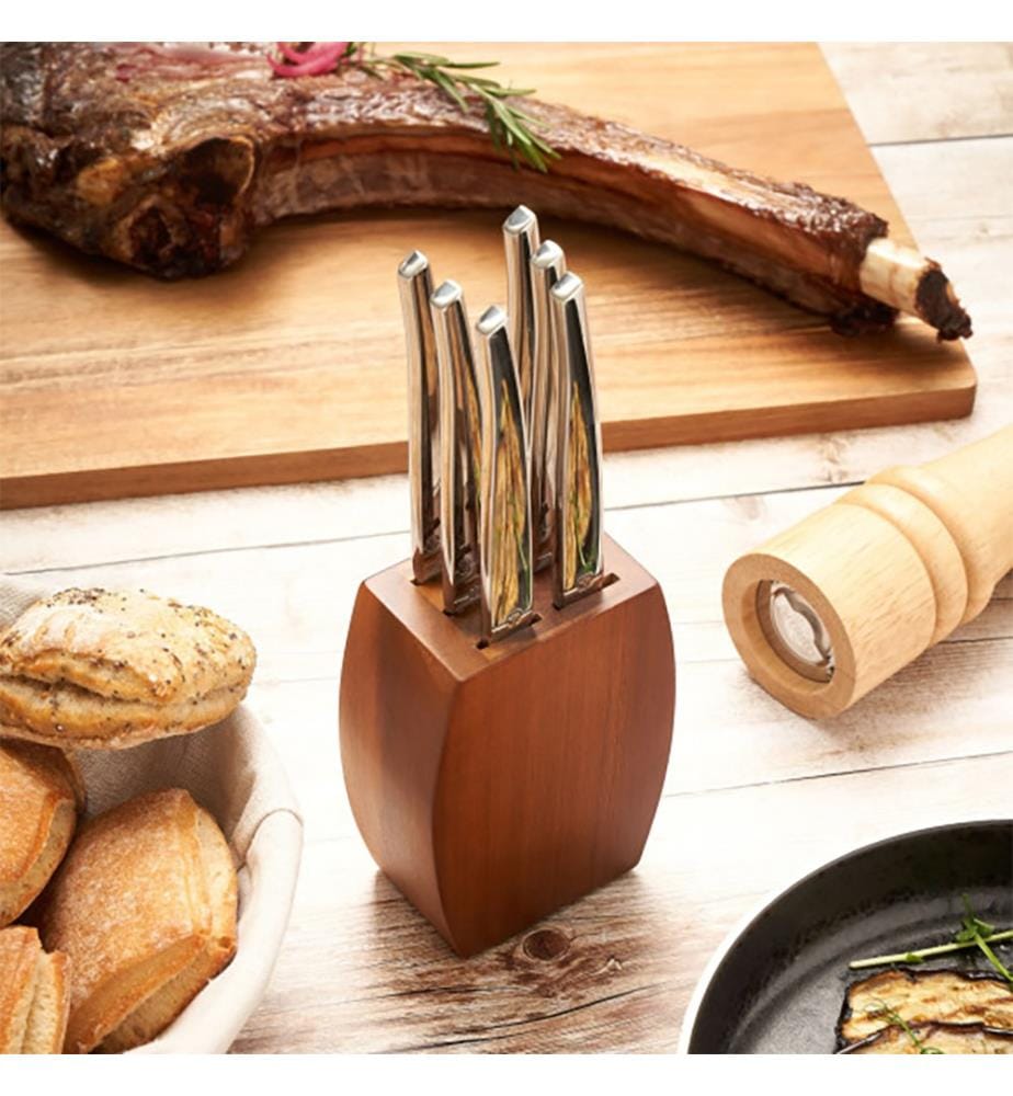 Blocco con 6 coltelli da bistecca Jet Miroir - Legno di acacia