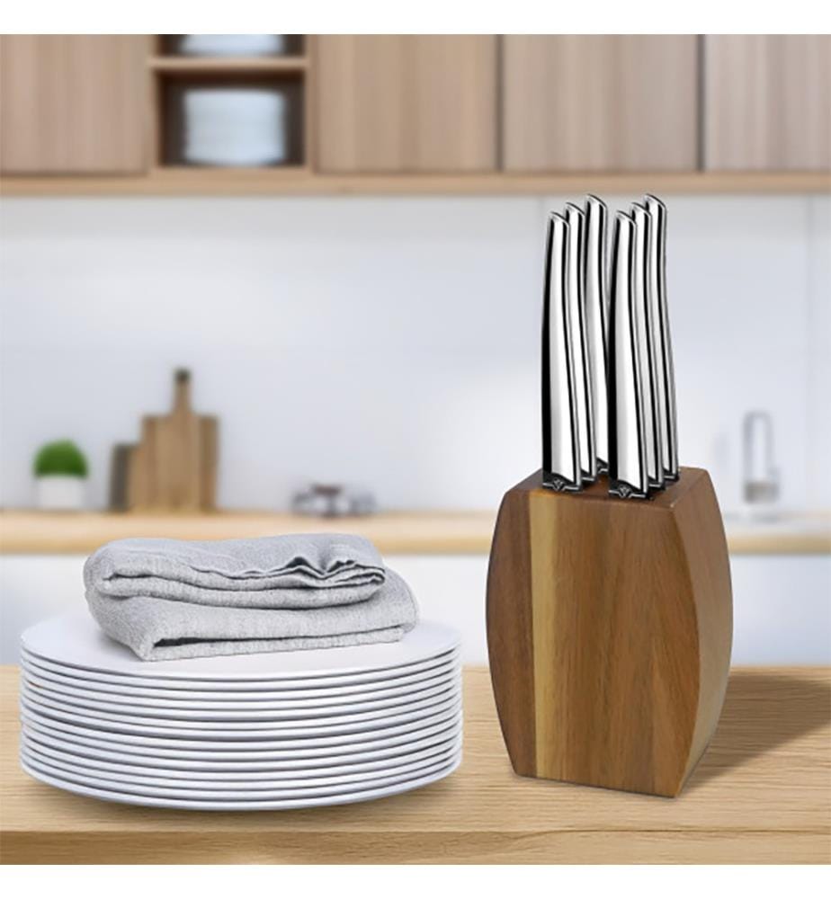 Blocco con 6 coltelli da bistecca Jet Miroir - Legno di acacia