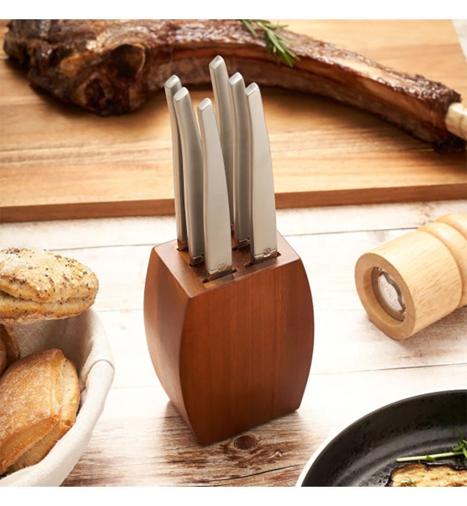 Blocco con 6 coltelli da bistecca Jet Satin - Legno di acacia