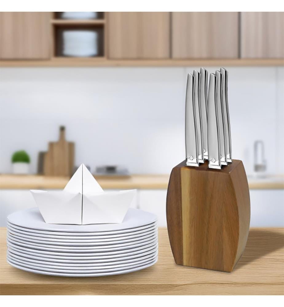 Blocco con 6 coltelli da bistecca Jet Satin - Legno di acacia