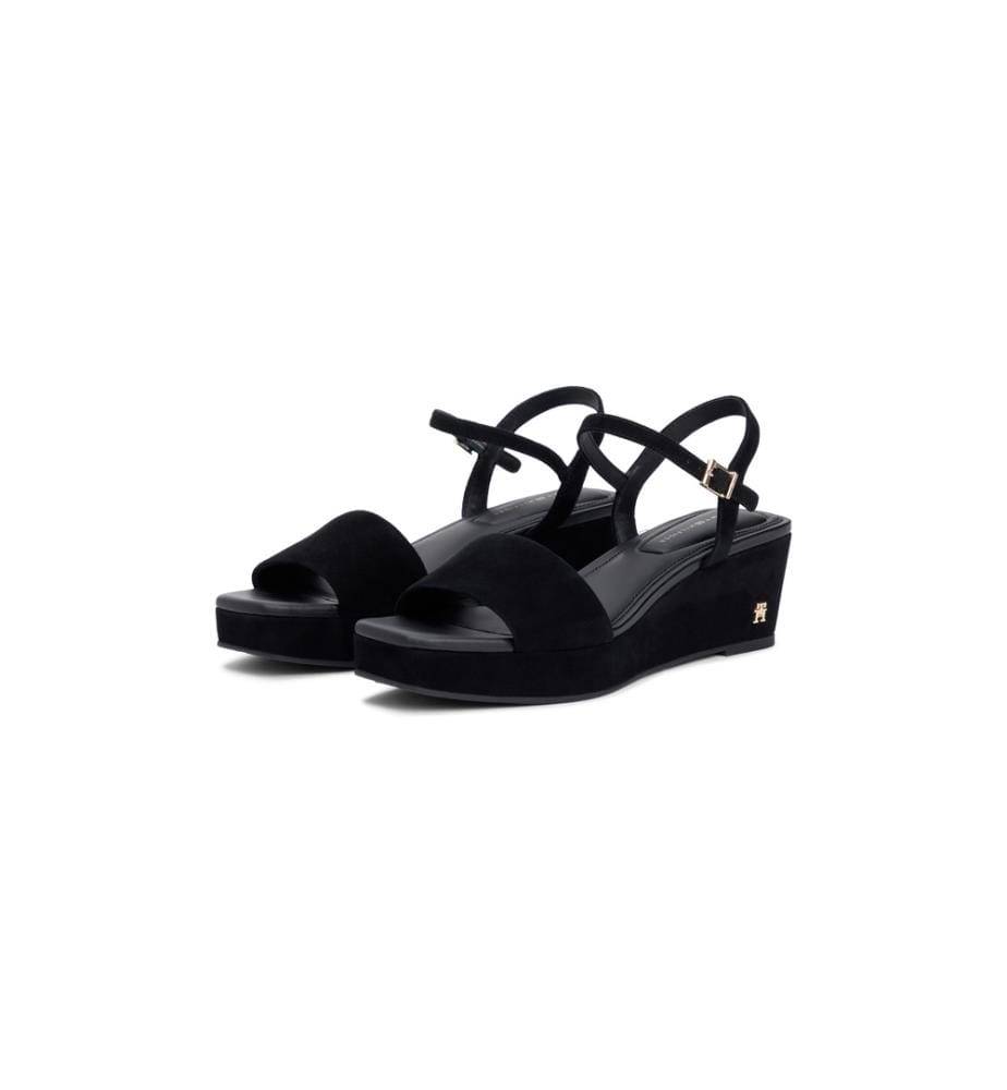 Sandales compensées en daim à monogramme TH - Noir