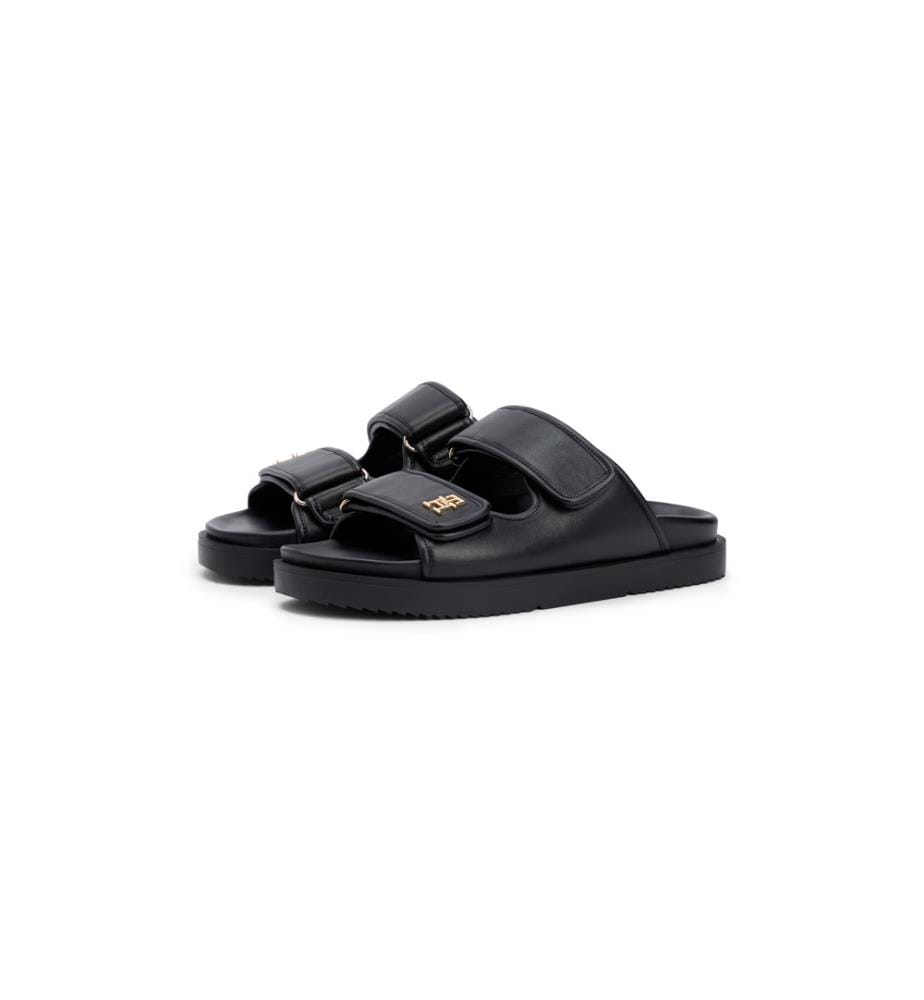Ledersandalen mit doppeltem Riemen und Monogramm - Schwarz