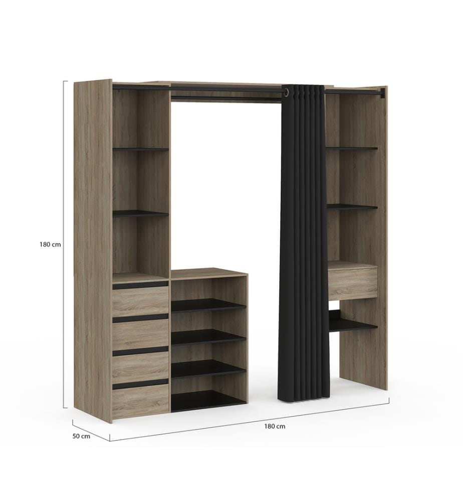 Ankleidezimmer Justine ausziehbar 120-180cm Holzeffekt 5 Schubladen Doppelsäule