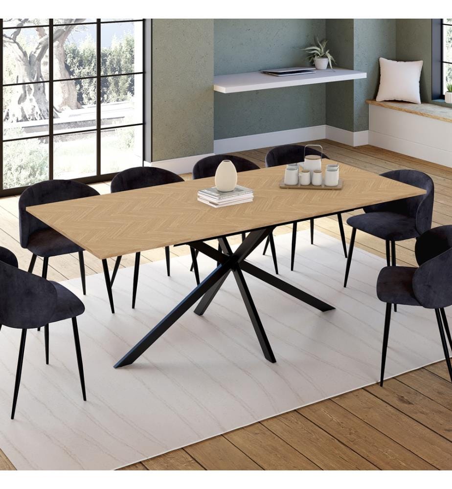 Table repas extensible Spider 160-200cm plateau effet chevron - Brun et Noir