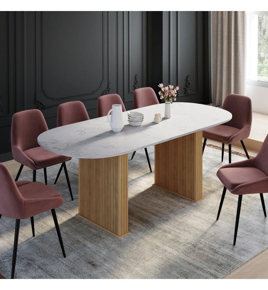 Marceau 160-200cm extendable dining table with rounded top - White and Brown marble effect top