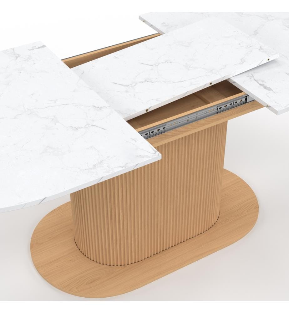 Maria white marble-effect round extendable dining table with slatted legs Ø160-200cm