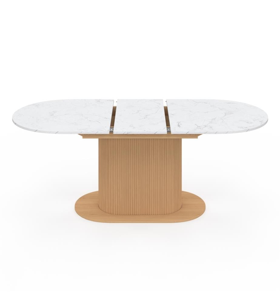 Maria white marble-effect round extendable dining table with slatted legs Ø160-200cm