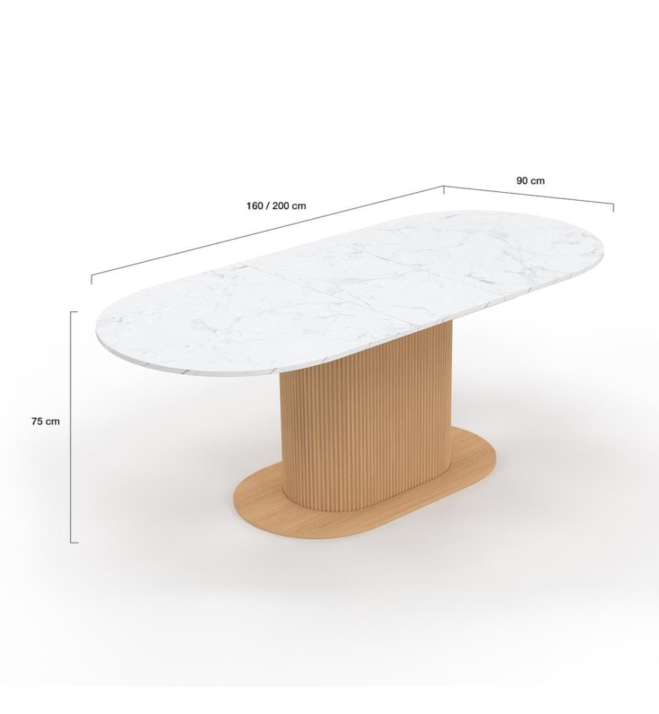 Maria white marble-effect round extendable dining table with slatted legs Ø160-200cm