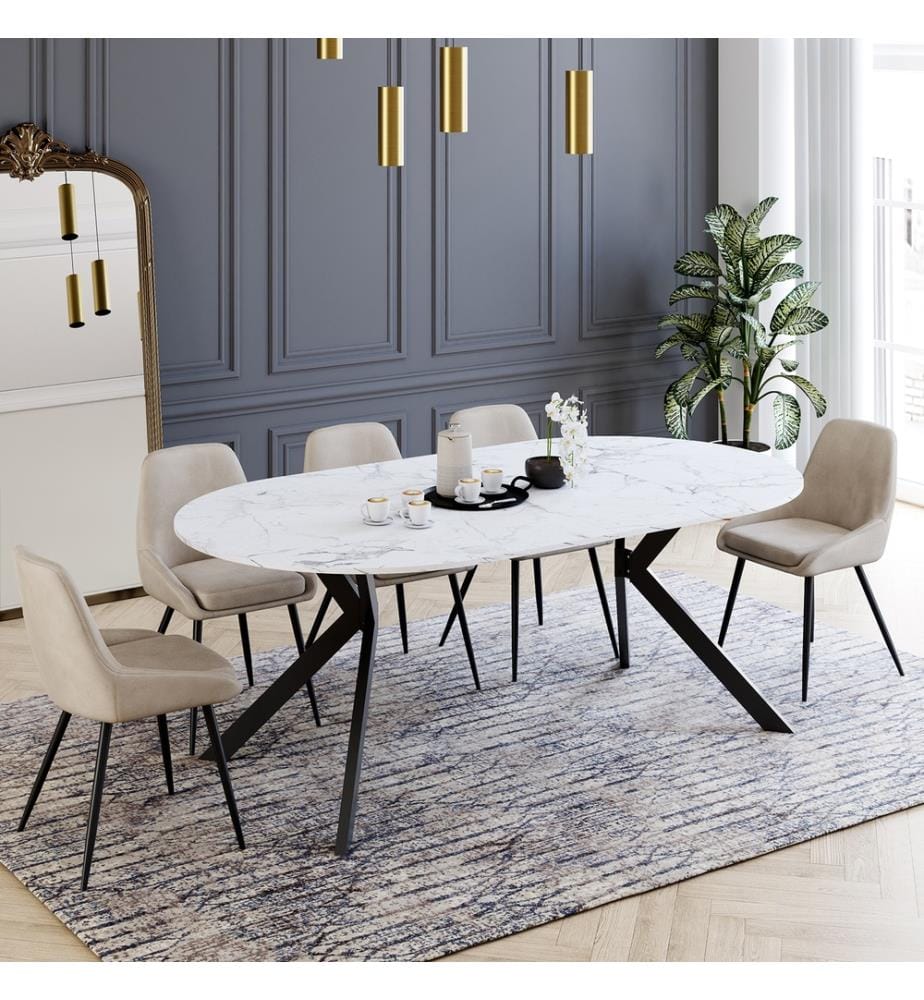 Table repas extensible Spider 110-200cm plateau arrondi effet marbre - Effet marbre blanc et noir