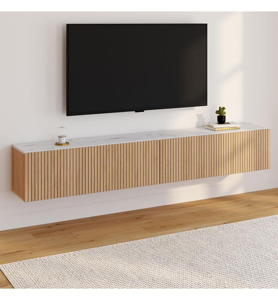 Marceau L180cm wall-hung TV unit - Brown and white marble effect