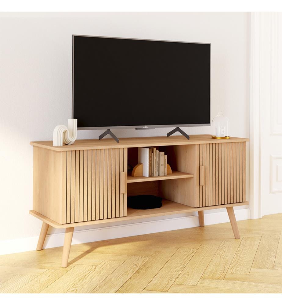 Faustine slat effect TV stand 2 doors + shelves L110cm - Brown