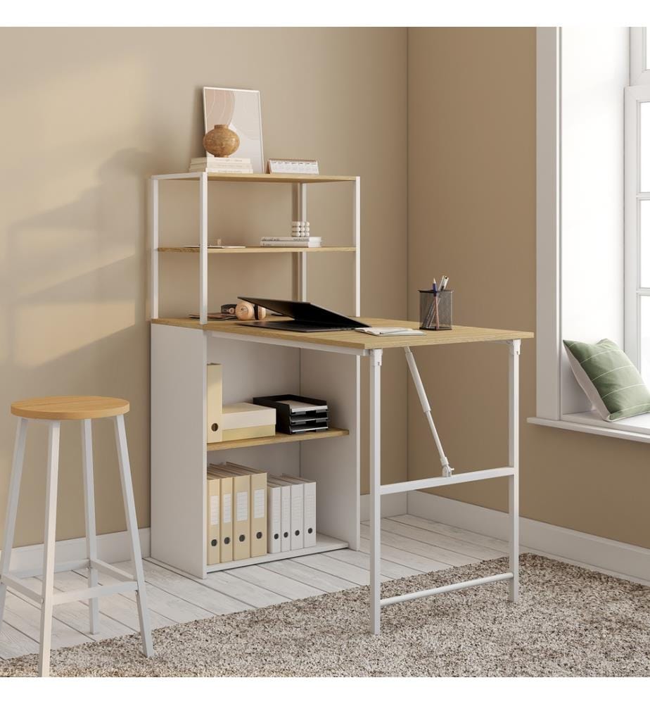 Raya 2-in-1 faltbarer Bibliotheksschreibtisch - Braun und Weiss