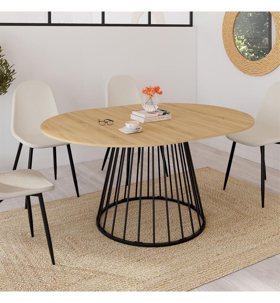 Table repas Adelle plateau rond extensible 110-150cm - Brun et Noir 