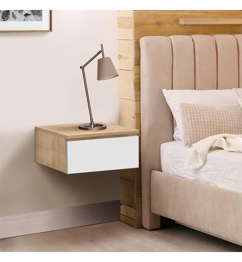 2er-Set Hängender Nachttisch Tom 1 Schublade - Braun und Weiss