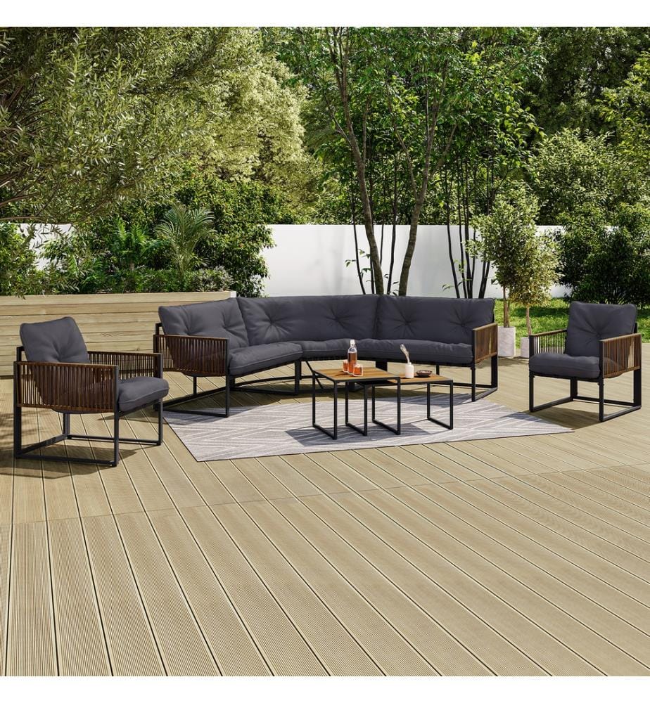 Ozéa 8-seater corner garden furniture set, grey and corded