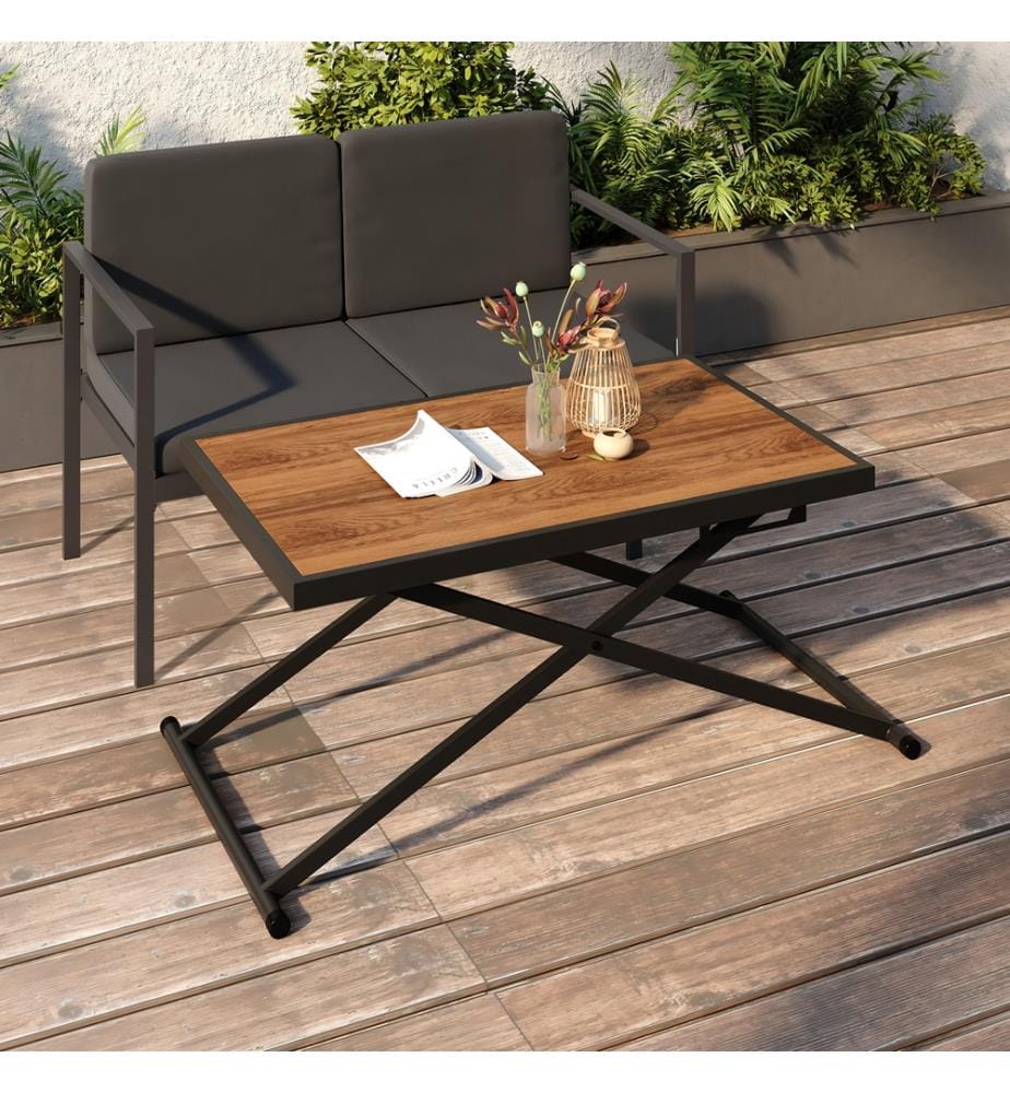 Klappbarer Gartentisch Oleg 100cm gehärtetes Glas - Schwarz und Holz