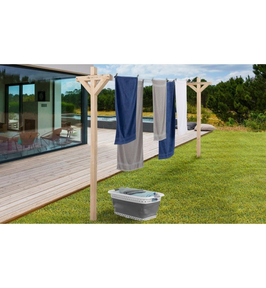 Outdoor Holz Wäscheständer - 12 m Wäscheleine - Braun