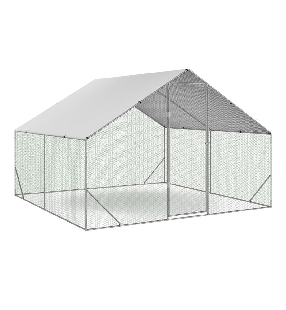 Maschendrahtgehege für Hühner 9m², - 3x3m - Graue Struktur und grüner Maschendraht und schwarzes Netz und weisser Sonnenschutz