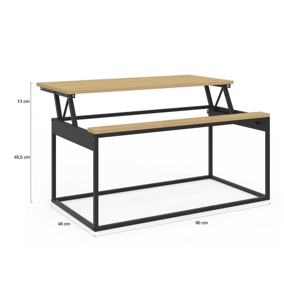 Couchtisch Memphis mit hochklappbarer Holzplatte und schwarzen Beinen B90cm
