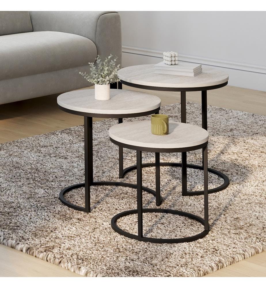 3er-Set Couchtische Memphis mit weissem Marmoreffekt und schwarzen Beinen