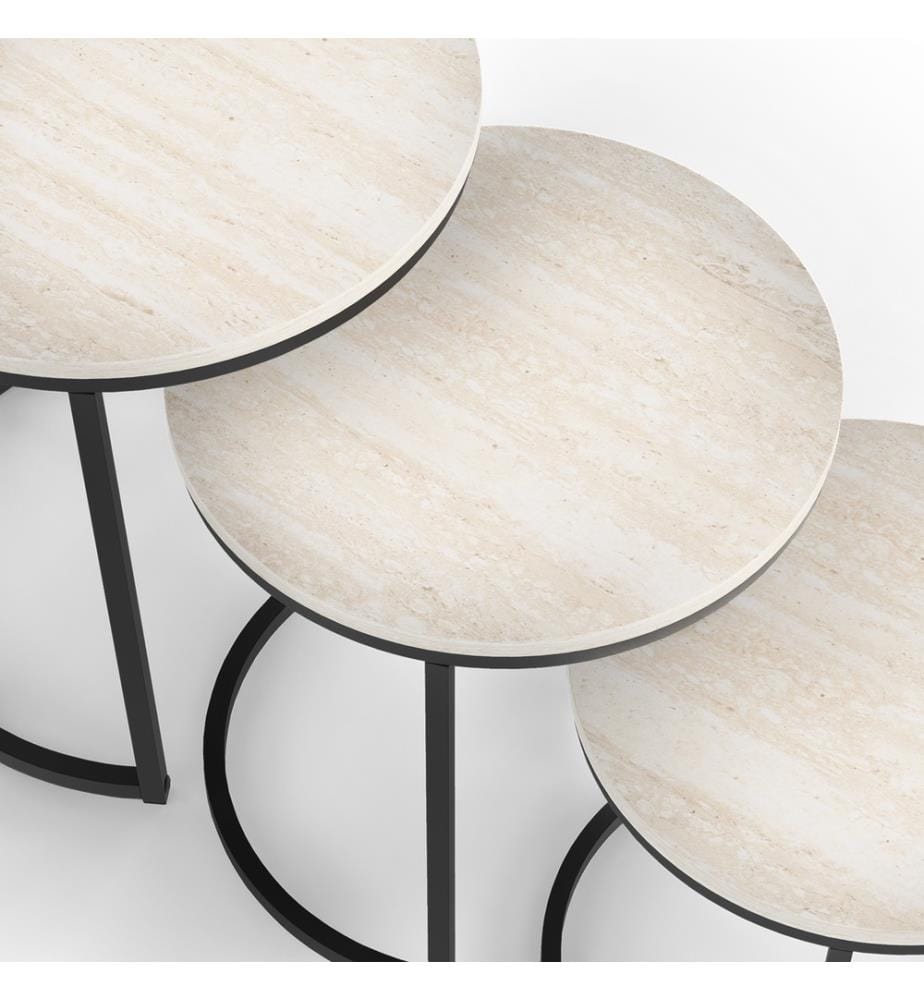 3er-Set Couchtische Memphis mit weissem Marmoreffekt und schwarzen Beinen