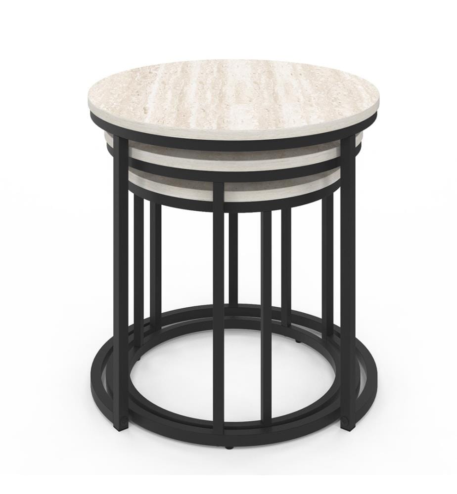 3er-Set Couchtische Memphis mit weissem Marmoreffekt und schwarzen Beinen