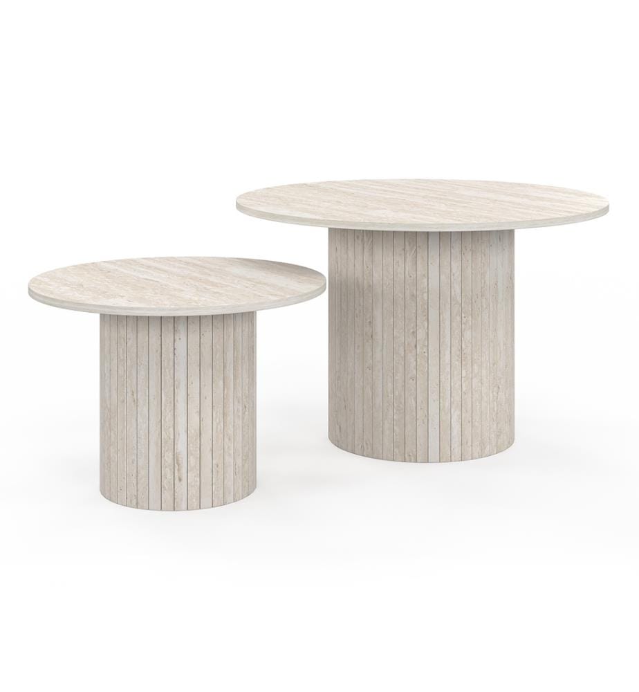 Lot de 2 Tables basses rondes gigognes Alvar effet travertin et pieds lattes