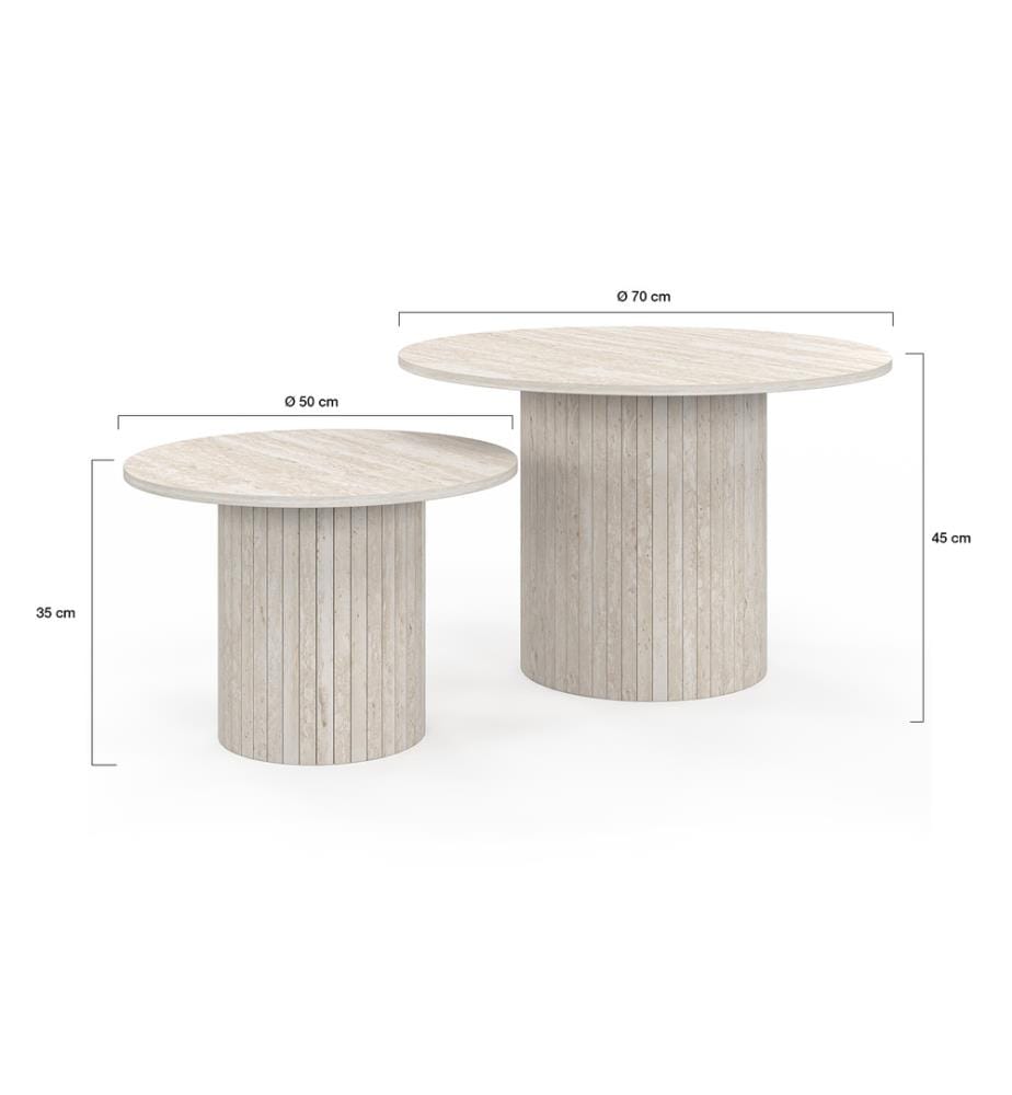 Lot de 2 Tables basses rondes gigognes Alvar effet travertin et pieds lattes