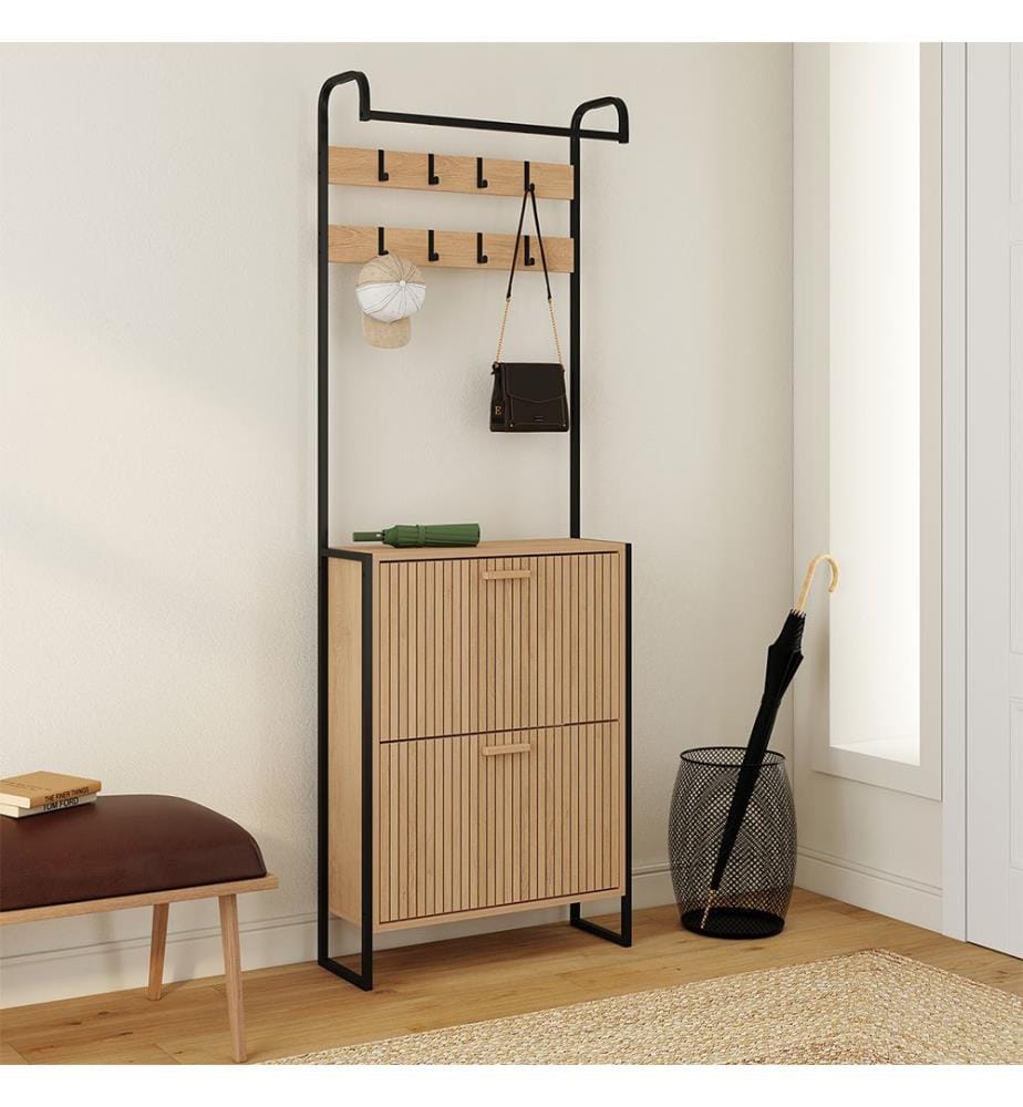 Faustine Eingangsgarderobe mit Latteneffekt 8 Haken + 2 Schuhschränke - 8 Paar - Braun und Schwarz
