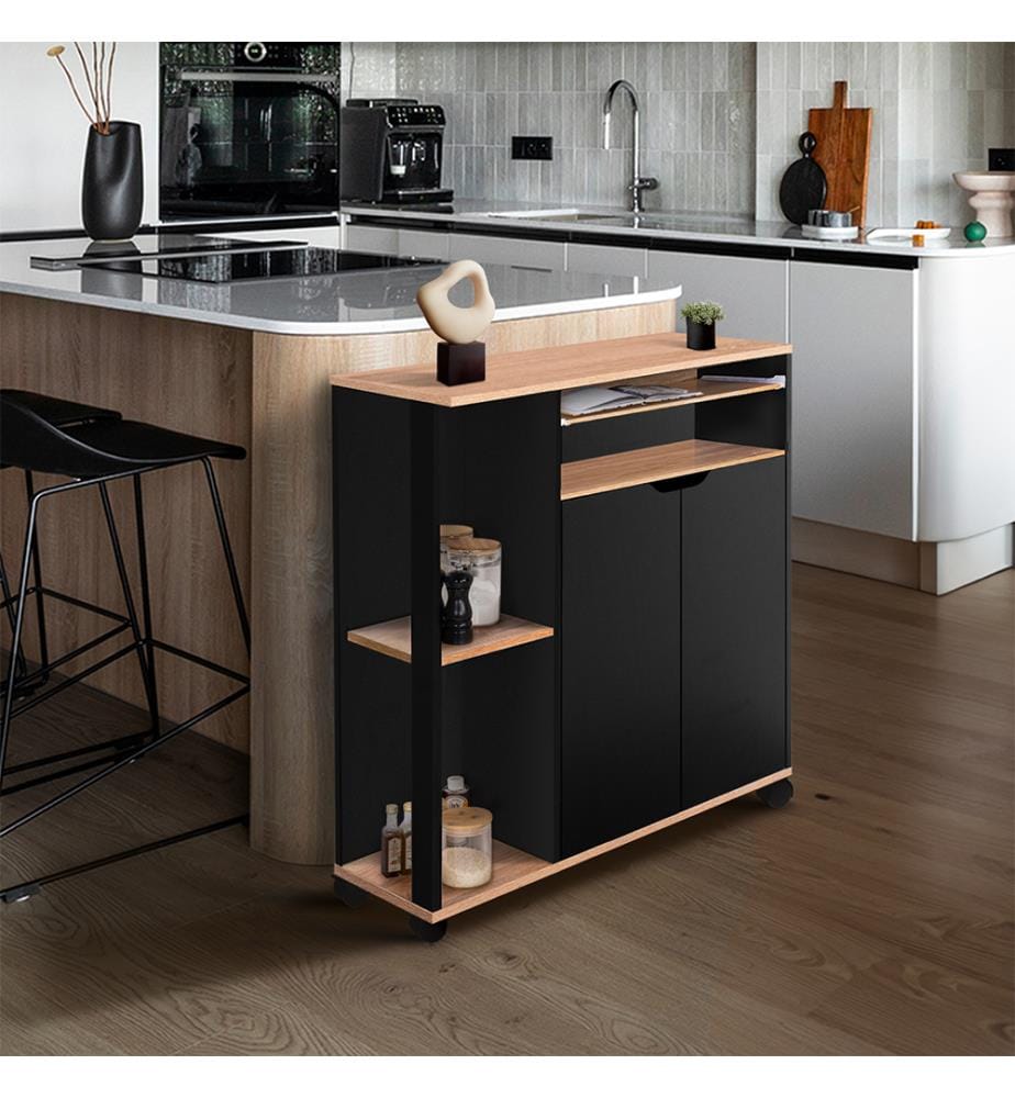 Credenza da cucina su ruote con contenitore 76 x 39,5 x 85 cm - Legno e nero