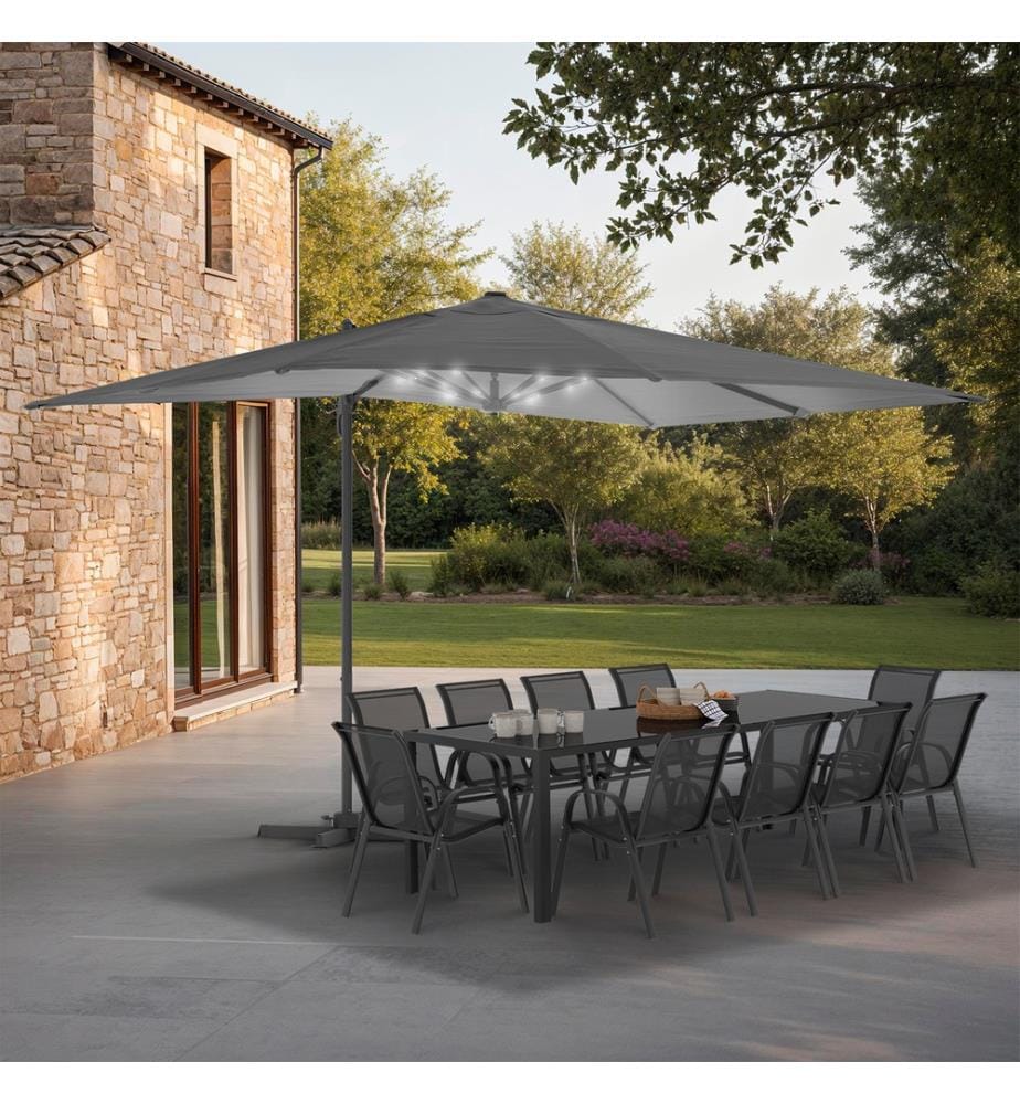 Parasol Sombra 360° rectangle 4x3m gris + housse et éclairage LED