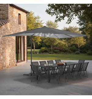 Parasol Sombra 360° rectangle 4x3m gris + housse et éclairage LED