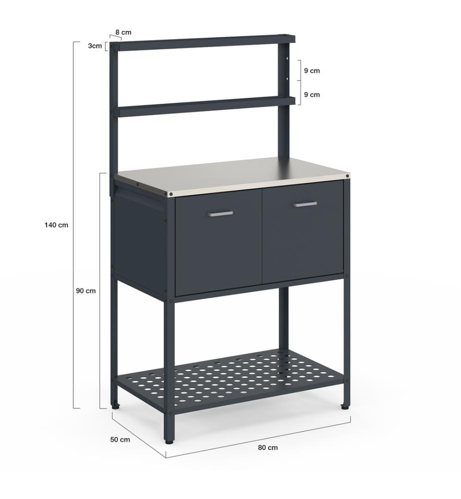 Meuble de cuisine extérieure Alméria 2 portes + étagères suspendues gris 