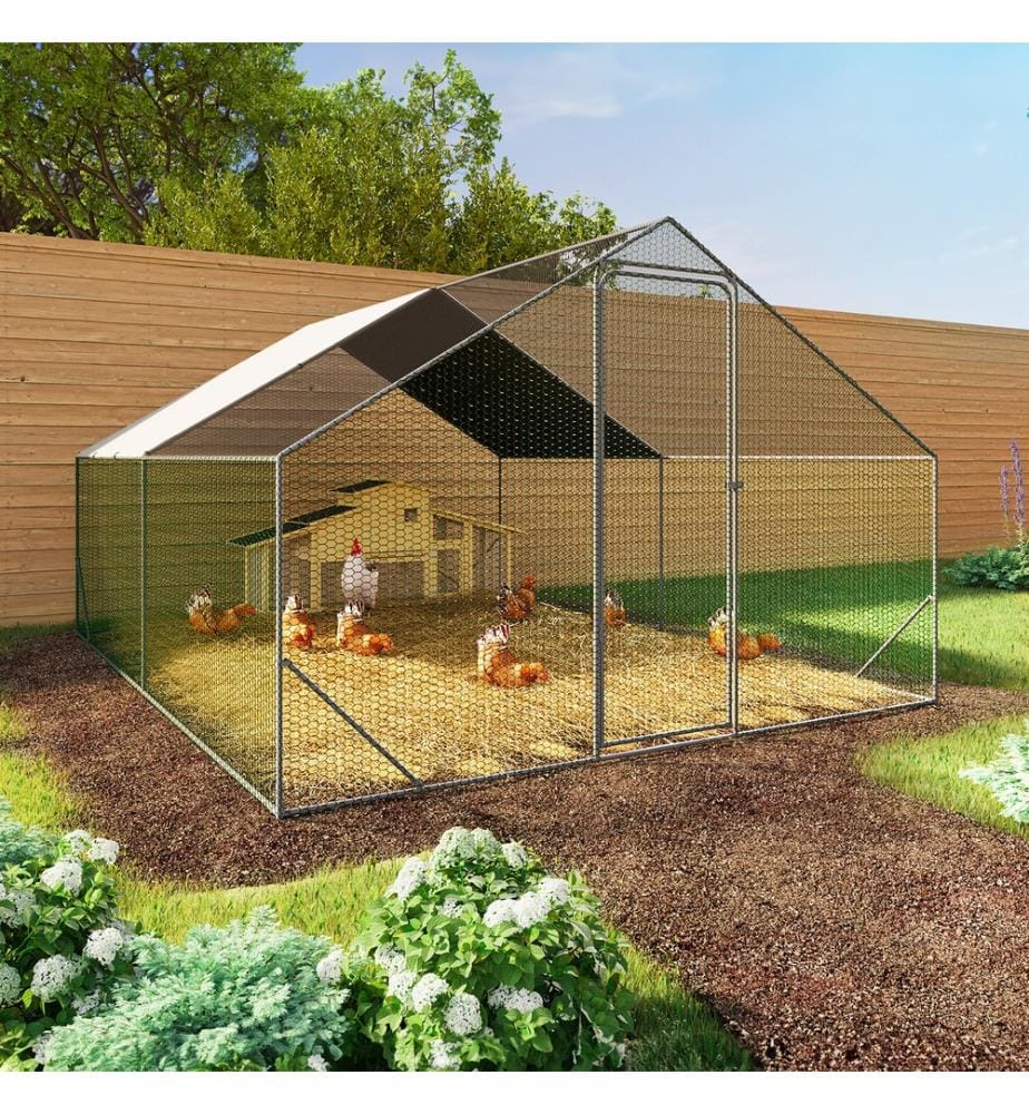 Enclos grillagé pour poules 12m² - 3x4m - Structure grise et grillage vert et filet noir et brise-soleil blanc