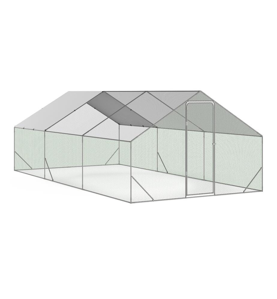 Enclos grillagé pour poules 18m² - 3x6m - Structure grise et grillage vert et filet noir et brise-soleil blanc