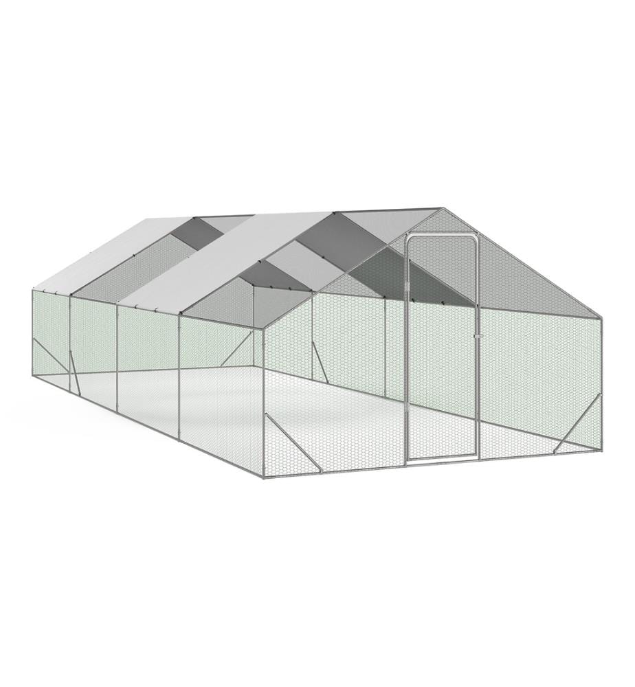 Enclos grillagé pour poules 24m² - 3x8m - Structure grise et grillage vert et filet noir et brise-soleil blanc