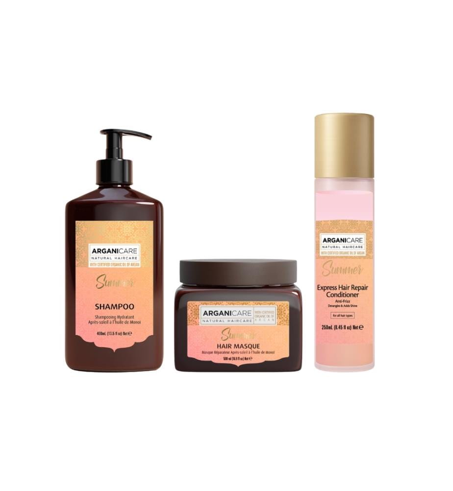 Pack Après-Soleil ARGANICARE au Monoï – Shampoing, Masque & Spray Réparateur