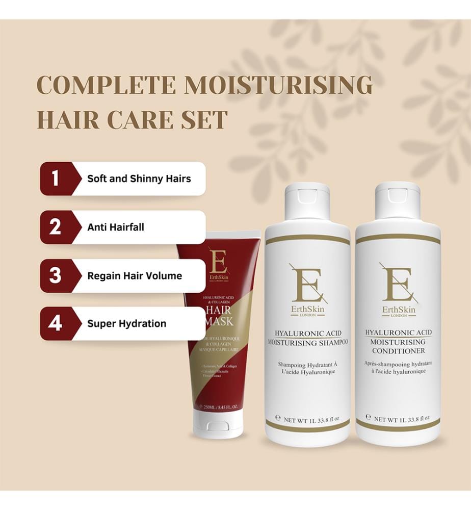 Shampooing hydratant à l'acide hyaluronique 1L + Après-shampooing hydratant à l'acide hyaluronique 1L + Masque capillaire 250 ml