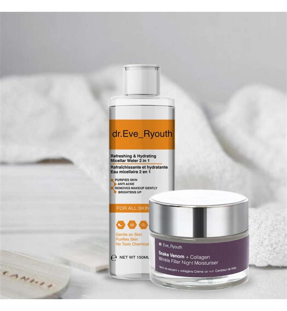 Eau micellaire rafraîchissante et hydratante 2 en 1 et Hydratant de nuit au venin de serpent et au collagène pour combler les rides - 150 ml + 50 ml