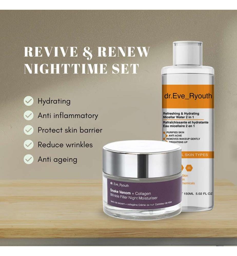 Eau micellaire rafraîchissante et hydratante 2 en 1 et Hydratant de nuit au venin de serpent et au collagène pour combler les rides - 150 ml + 50 ml