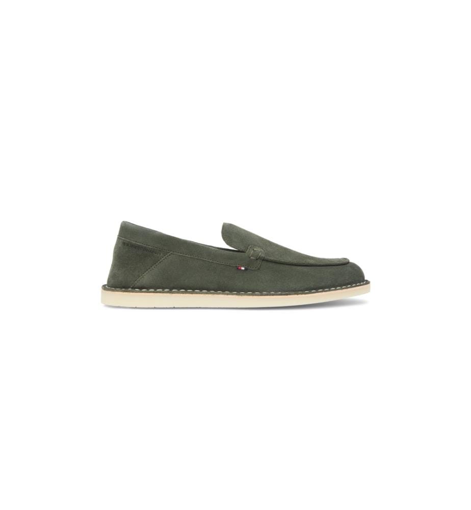 Suede loafers with stitching and logo - Olive Green