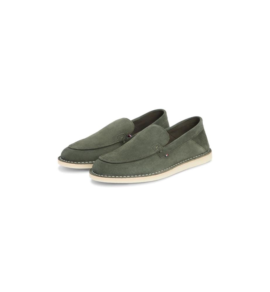Suede loafers with stitching and logo - Olive Green