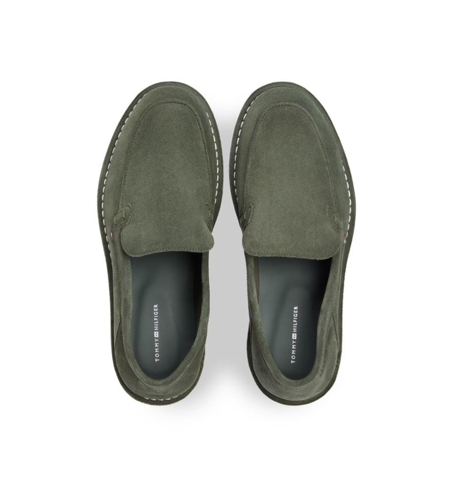 Suede loafers with stitching and logo - Olive Green