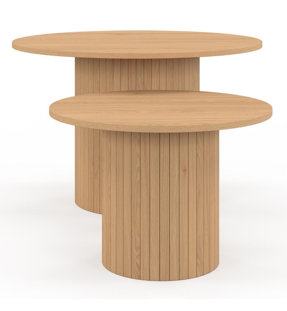 2er-Set runder Couchtisch Alvar aus Holz und Lattenfüssen