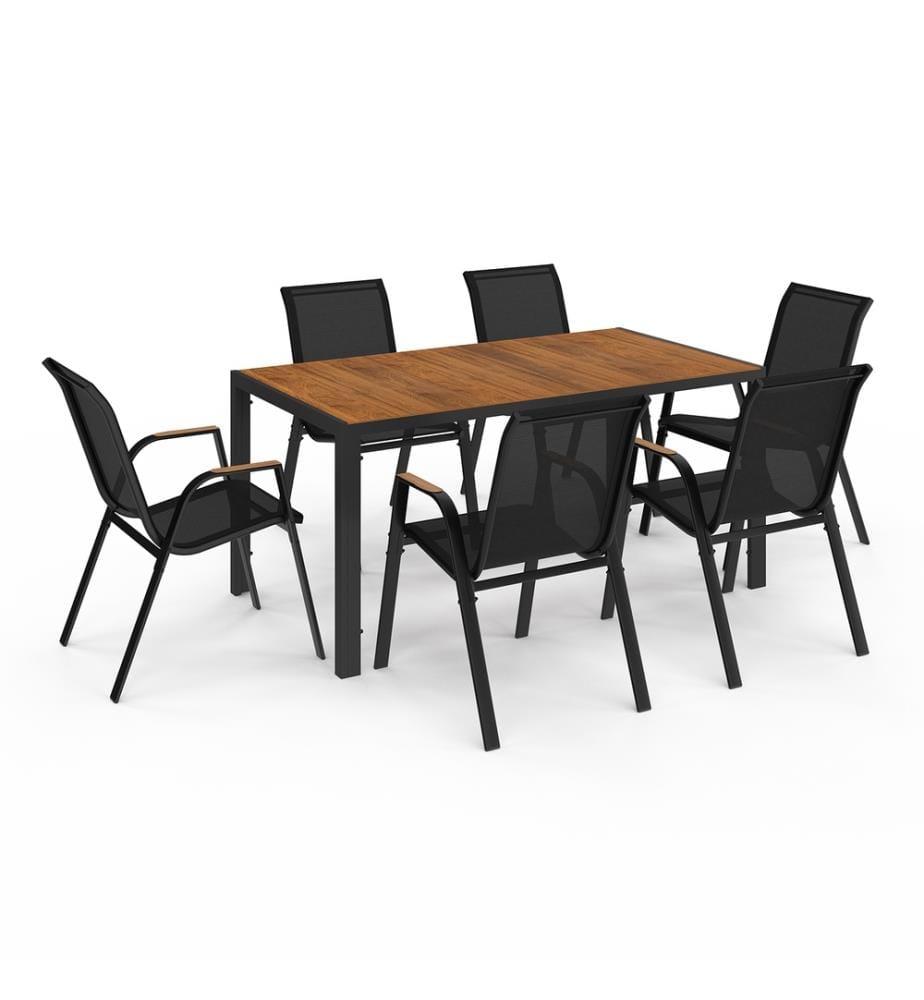 Ensemble repas Timbia 6 places noir et verre trempé effet bois