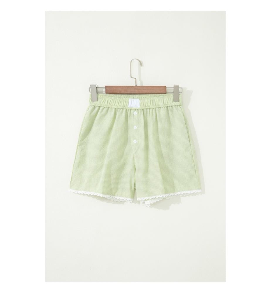 Green Vichy-check shorts with buttons and lace trim