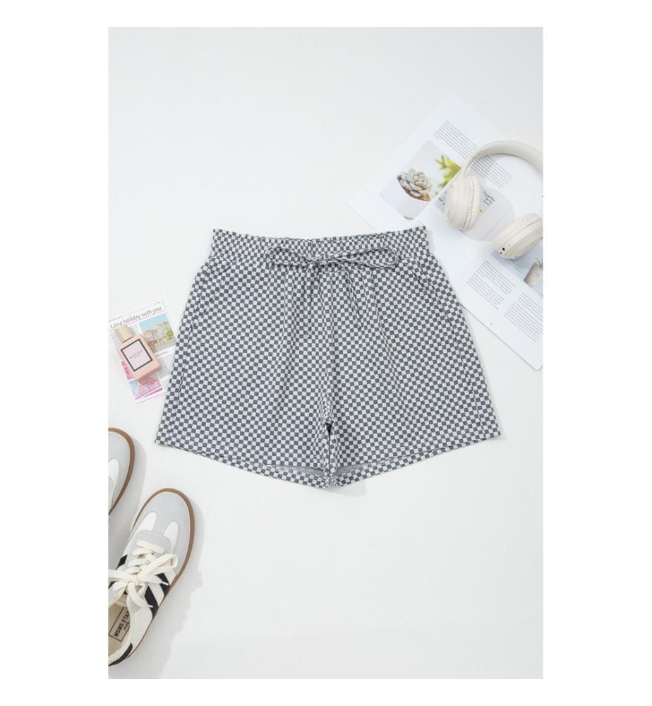 Shorts mit Taschen und elastischem Bund mit Kordelzug, graues Schachbrettmuster