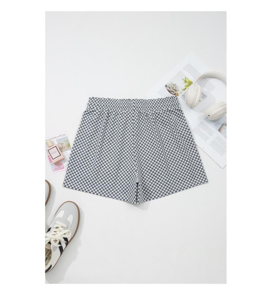Shorts mit Taschen und elastischem Bund mit Kordelzug, graues Schachbrettmuster